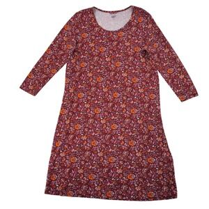 Lands End Floral Midi Sheath Midi Dress XL/18 Burgundy Casual Long Sleeve Cotton